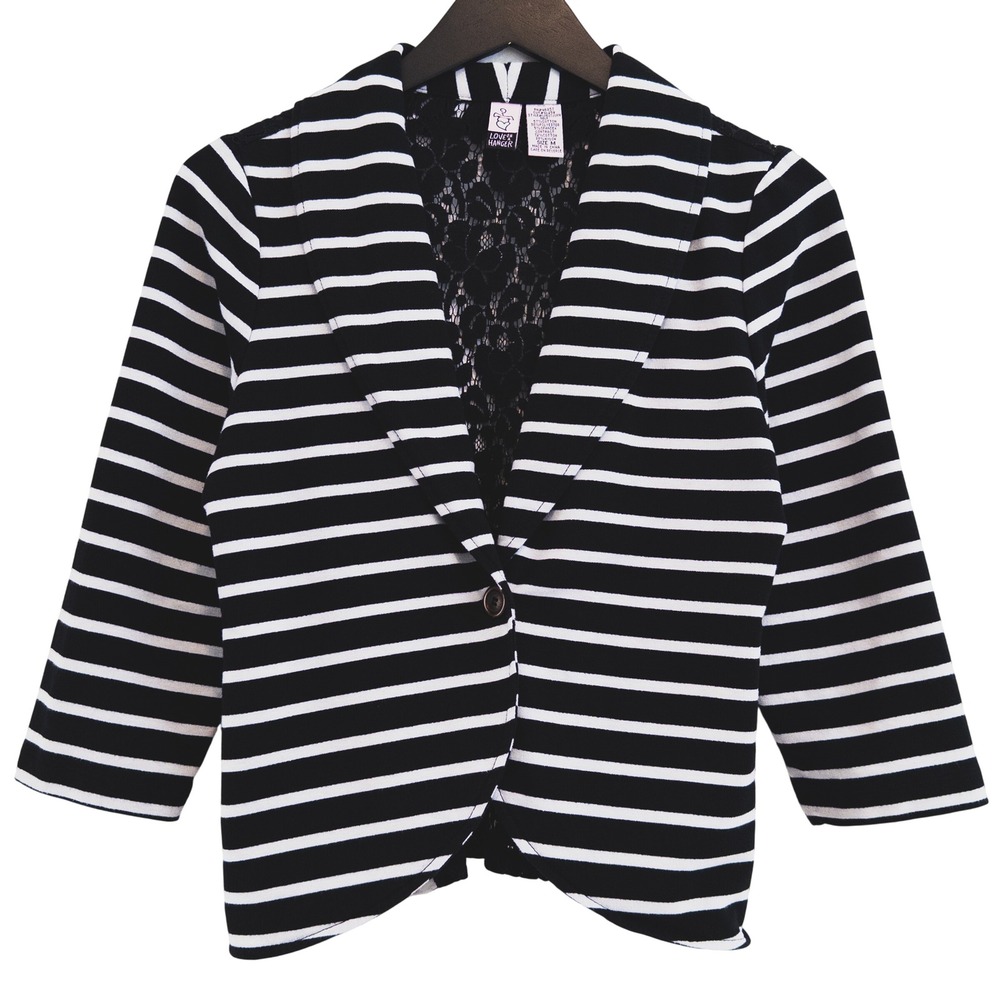 Love on a Hanger Blazer Women M Black White Striped Lace Back Preppy Twee